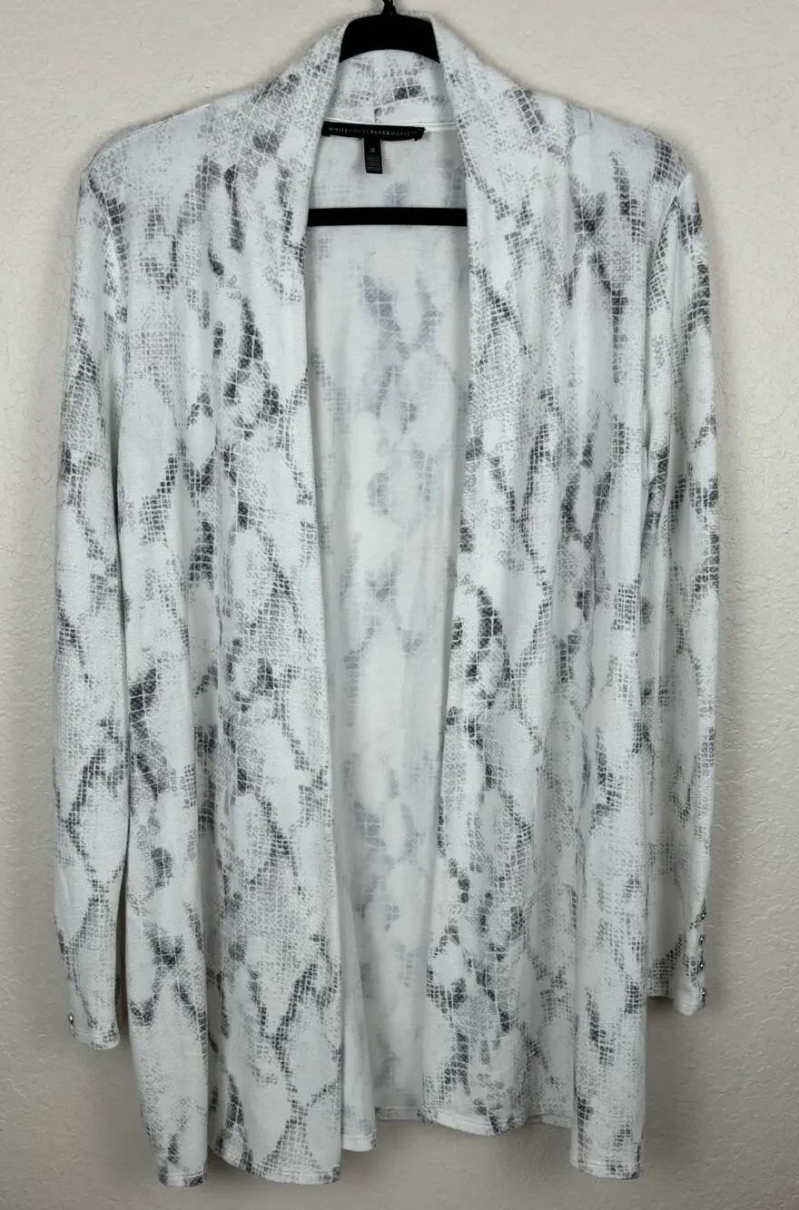 White House Black Market Snakeskin Print Open Cardigan Medium Gray White
